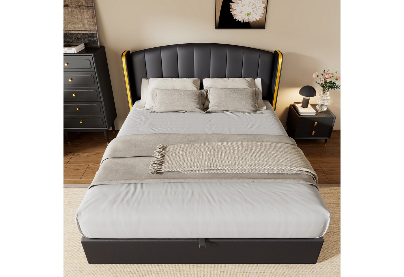 OKWISH Polsterbett Hydraulisches Bett (180*200cm), mit goldgerandetes Ohrendesign, Bettkasten, Lattenrost und Kopfteil von OKWISH