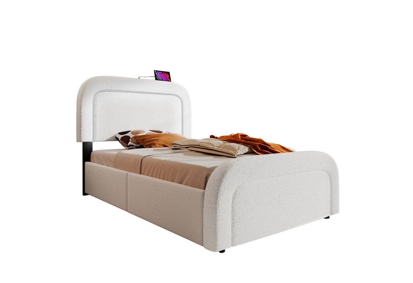 OKWISH Polsterbett Jugendbett (LED Beleuchtung, Holzbett), 90x200cm Mit- Matratze und 2 Schubladen-Lammwolle-Bezug von OKWISH