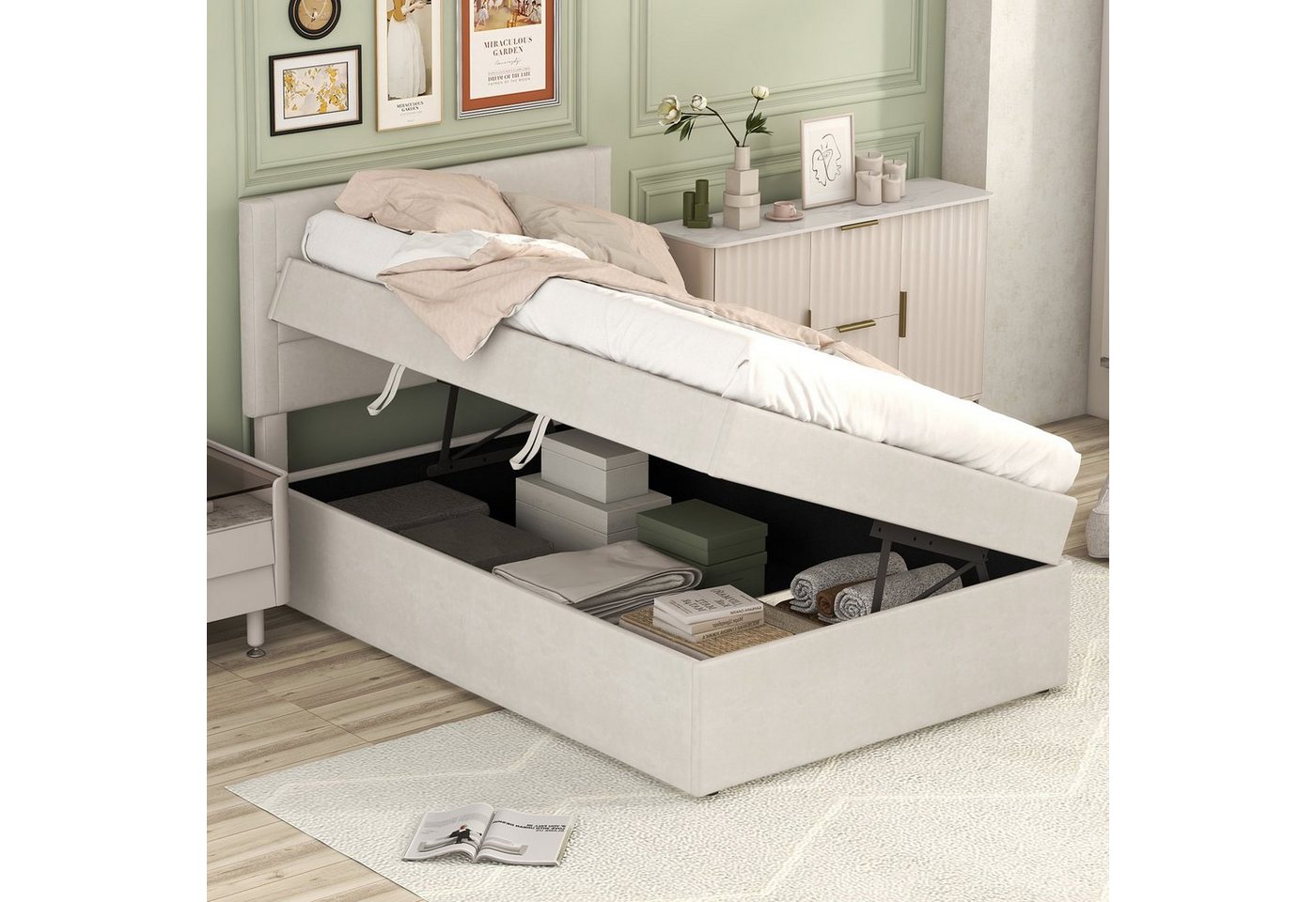 OKWISH Polsterbett Kinderbett, Einzelbett Gästebett Bett (Großer Stauraum, mit Lattenrost aus Metallrahmen 200x90cm), mit Lattenrost aus Metallrahmen von OKWISH