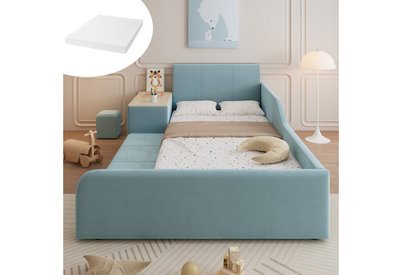 OKWISH Polsterbett Kinderbett Funktionsbett (mit Schreibtisch, Hocker und Stauraum, Blau, Weiches Kopfteil, Robuste Holzlatten, für Schlaf- und Arbeitsbereich 90x200 cm), Inklusive Matratze von OKWISH