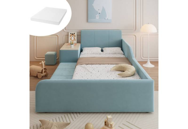 OKWISH Polsterbett Kinderbett Funktionsbett (mit Schreibtisch, Hocker und Stauraum, Blau, Weiches Kopfteil, Robuste Holzlatten, für Schlaf- und Arbeitsbereich 90x200 cm), Inklusive Matratze von OKWISH