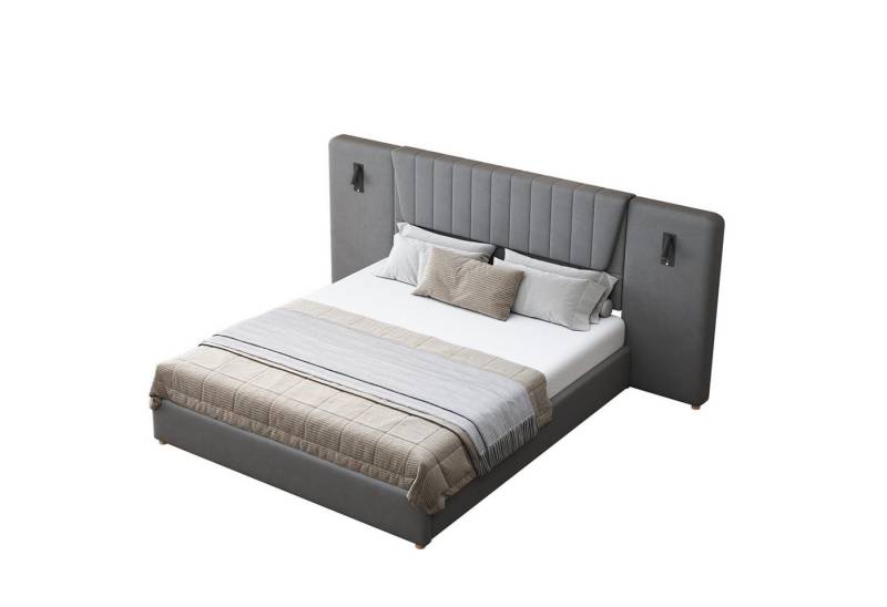 OKWISH Polsterbett Kinderbett Jugendbett Stauraumbett Doppelbett Funktionsbett Gästebett (aus Samt mit Leselampe, Stauraum und USB-Ladefunktion, 180*200cm), ohne Matratze von OKWISH