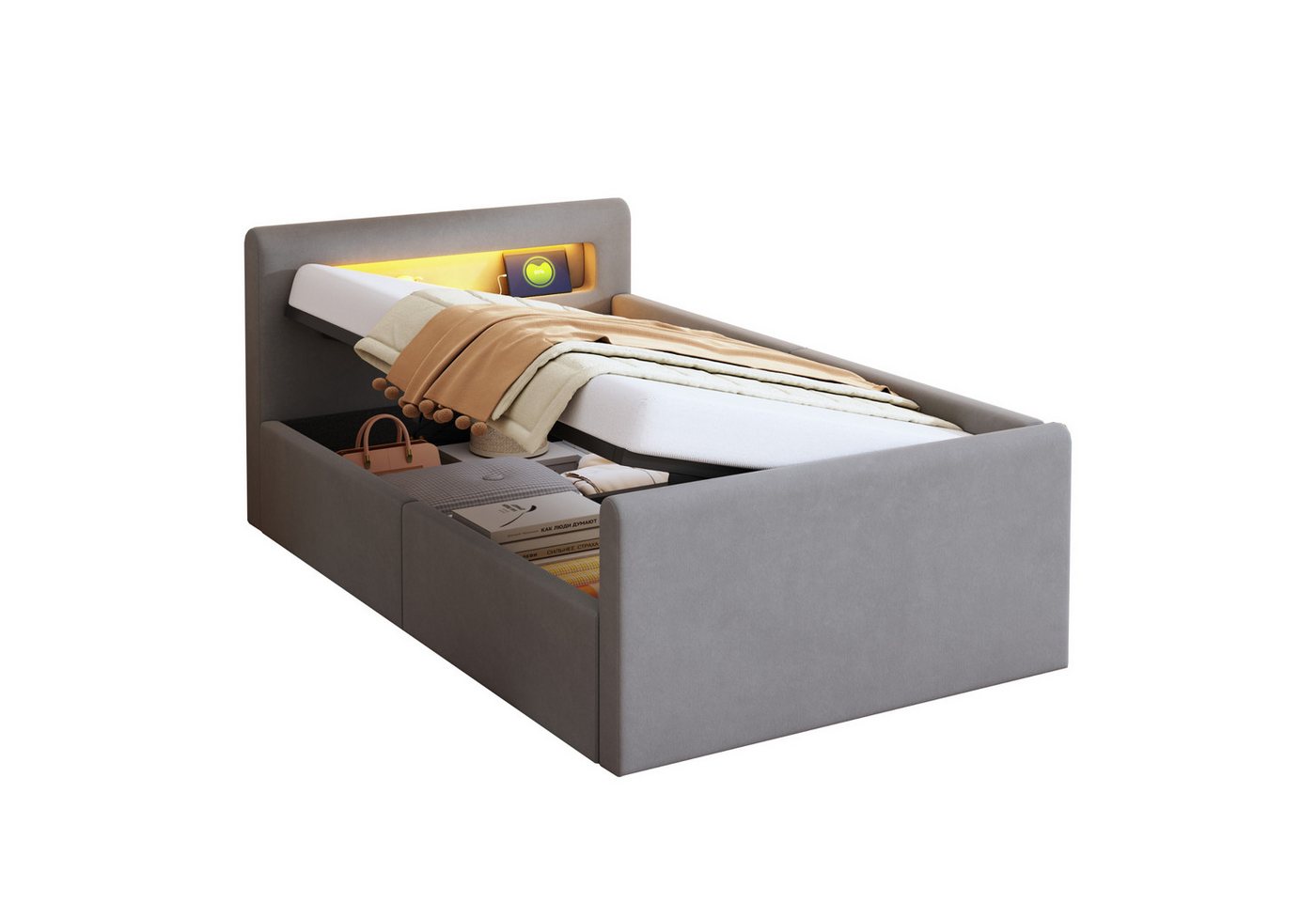OKWISH Polsterbett Kinderbett Stauraumbett (mit LED-Licht und USB-Ladeanschluss, Hydraulischem Stauraum & Regal, Samtstoff, Mit verstellbaren Rückenlehnen und Nachtlicht, 90x200 cm), Inklusive Matratze von OKWISH