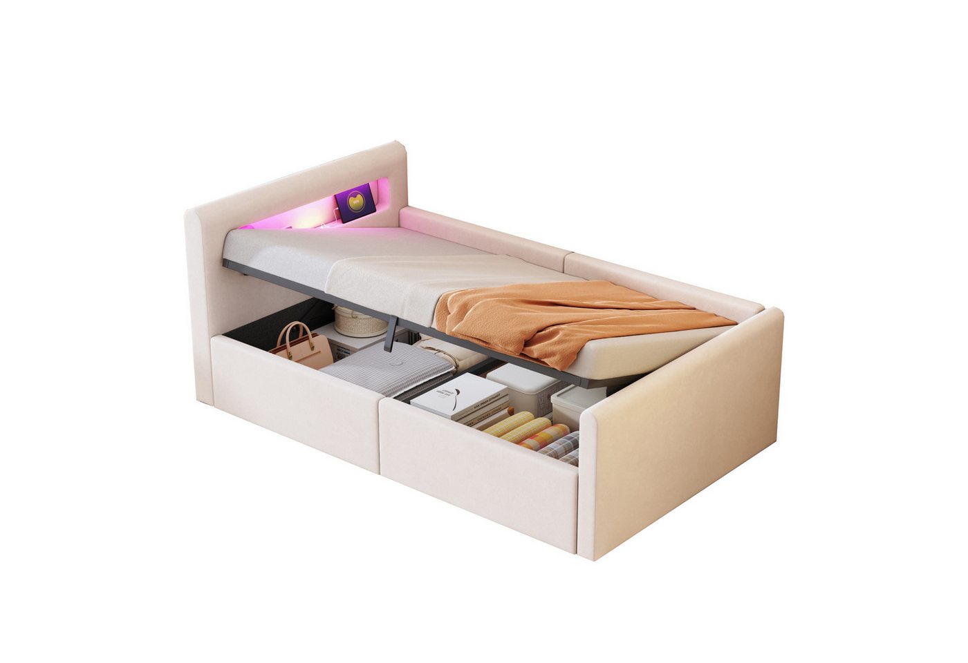 OKWISH Polsterbett Kinderbett Stauraumbett (mit LED-Licht und USB-Ladeanschluss, Hydraulischem Stauraum & Regal, Samtstoff, Mit verstellbaren Rückenlehnen und Nachtlicht, 90x200 cm), Inklusive Matratze von OKWISH