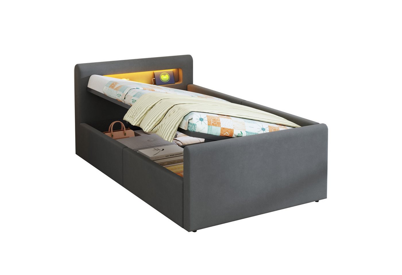 OKWISH Polsterbett Kinderbett Stauraumbett (mit LED-Licht und USB-Ladeanschluss, Hydraulischem Stauraum & Regal, Samtstoff, Mit verstellbaren Rückenlehnen und Nachtlicht, 90x200 cm), Inklusive Matratze von OKWISH