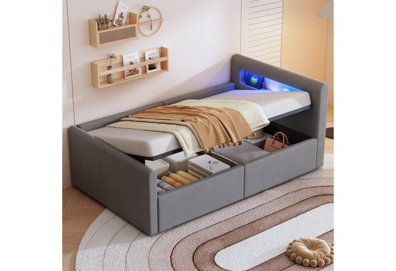 OKWISH Polsterbett Kinderbett Stauraumbett (mit LED-Licht und USB-Ladeanschluss, Hydraulischem Stauraum & Regal, Samtstoff, Mit verstellbaren Rückenlehnen und Nachtlicht, 90x200 cm), ohne Matratze von OKWISH