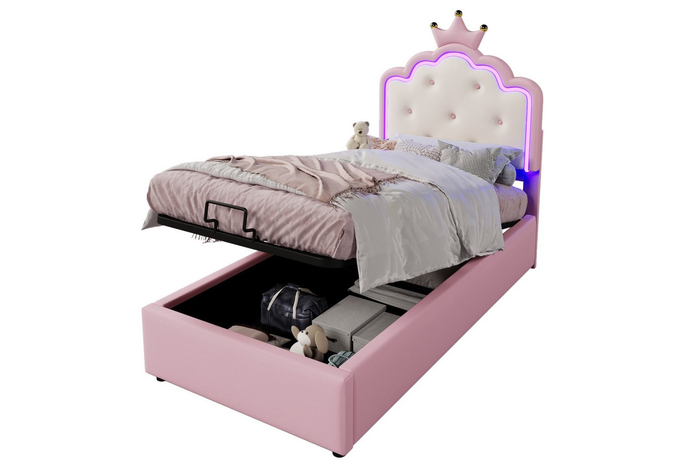 OKWISH Polsterbett Kronprinzessinnen-Design,Jugendbett,mit LED-Umgebungslicht (Polsterbett,für Mädchen mit Lattenrost, Fernsteuerung Ambientelicht, hydraulischer Stauraum, Kronprinzessinnenform, rosa kunstleder-Material, für Kinderzimmer, inkl. Lattenrost, 90 x 200 cm), mit Matratze OKWISH Polsterbett Kronprinzessinnen-Design,Jugendbett,mit LED-Umgebungslicht (Polsterbett,für Mädchen mit Lattenrost, Fernsteuerung Ambientelicht, hydraulischer Stauraum, Kronprinzessinnenform, rosa kunstleder-Material, für Kinderzimmer, inkl. Lattenrost, 90 x 200 cm), mit Matratze von OKWISH