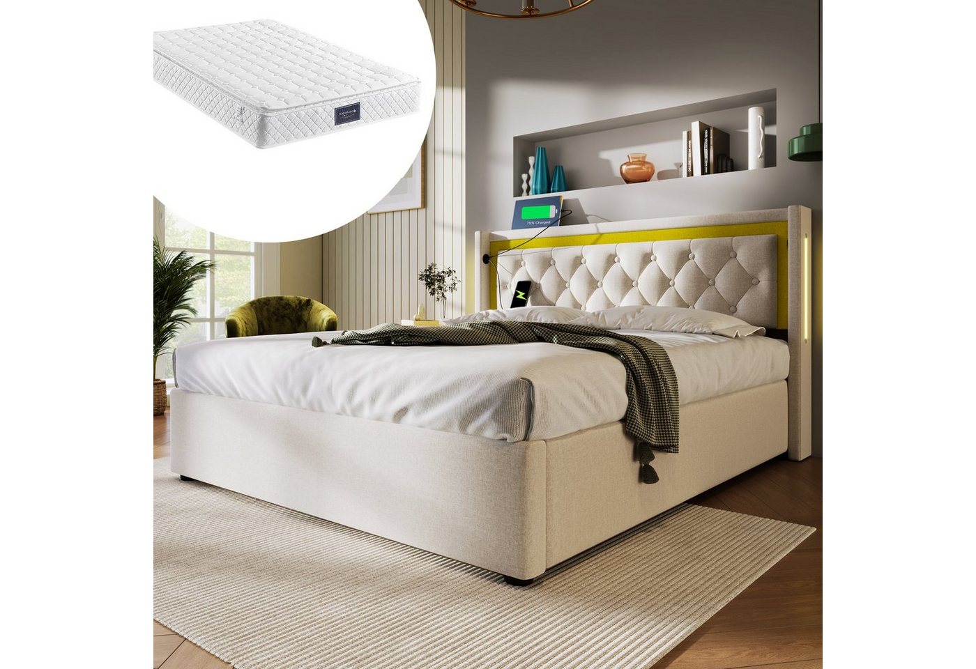 OKWISH Polsterbett LED Doppelbett (Bettkasten mit USB Typ C Ladefunktion Kopfteil), Bettgestell aus Baumwolle 160x200 mit lattenrost,Inklusive Matratze von OKWISH