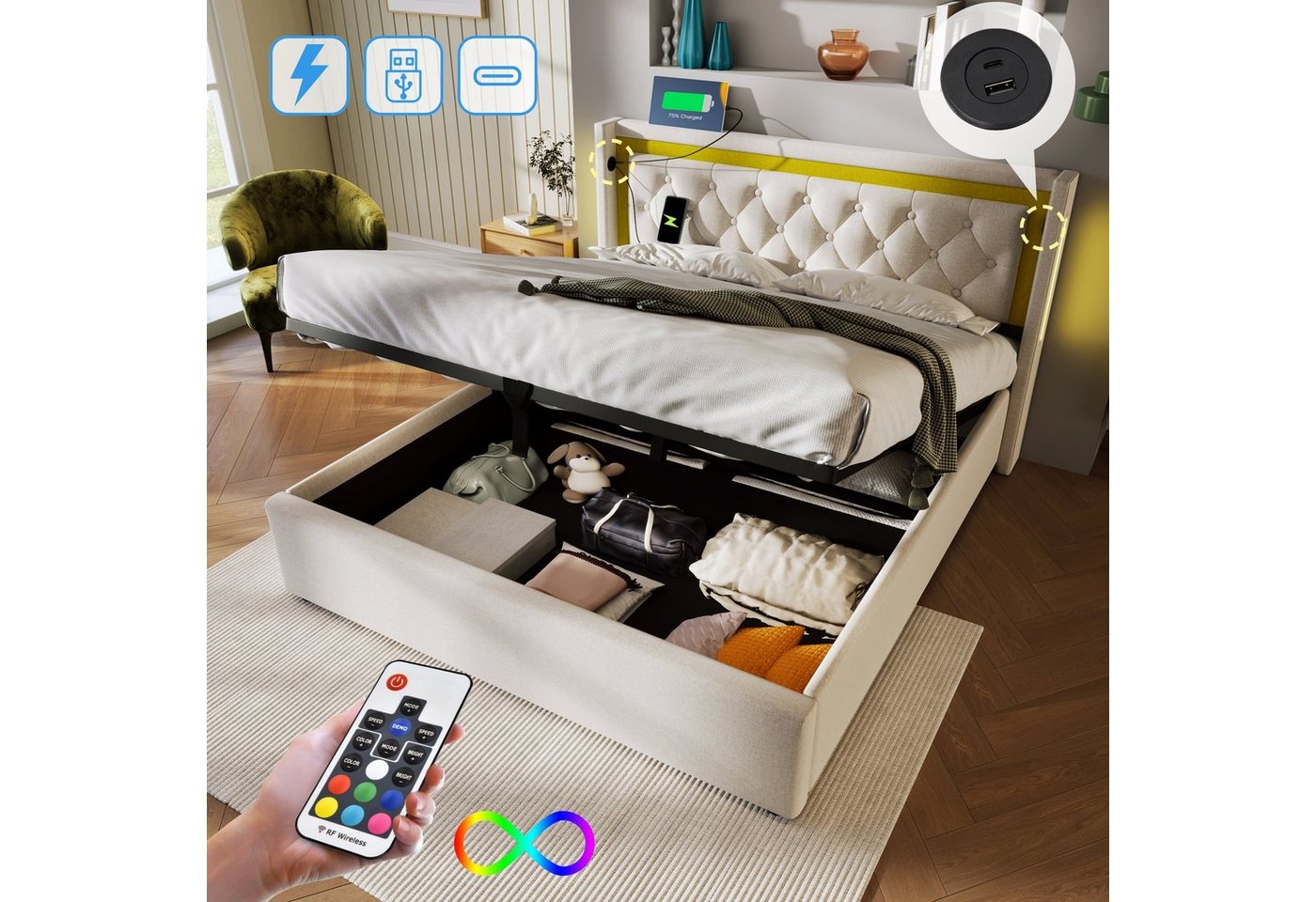 OKWISH Polsterbett LED Doppelbett (Stauraumbetten Bettkasten mit USB Typ C Ladefunktion Kopfteil), Bettgestell aus Baumwolle Jugendbett 160x200 mit lattenrost von OKWISH