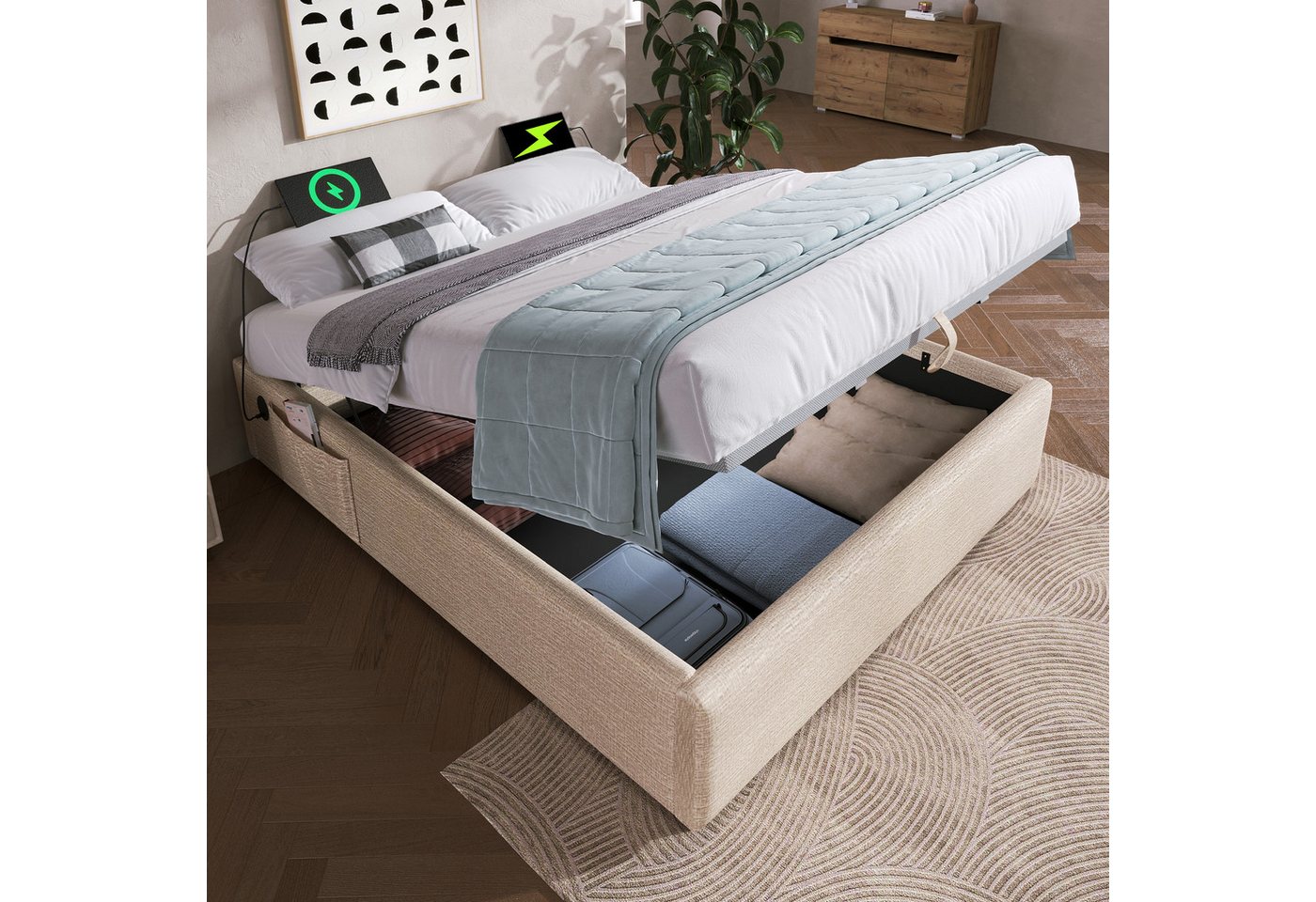 OKWISH Polsterbett Ohne Kopfteil (Funktionsbett, Struraumbett Hydraulisch mit Bettkasten, 1-tlg., 140x200 cm, ohne Matratze), mit USB- C, Seitentasche und Vollflächiger Lattenrost von OKWISH