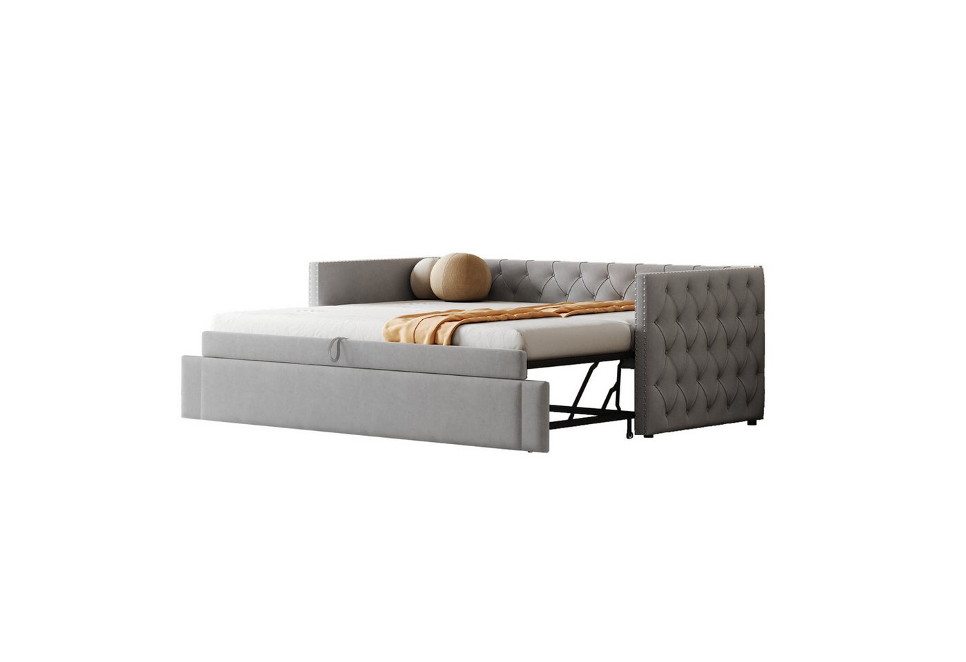 OKWISH Polsterbett Schlafsofa Tagesbett Doppelbett Kinderbett Gästebett (Ausziehbares Daybett, Klassisches Design mit Knöpfen und Lattenrost, Hautfreundlicher Samtstoff, 180x200 cm), ohne Matratze von OKWISH