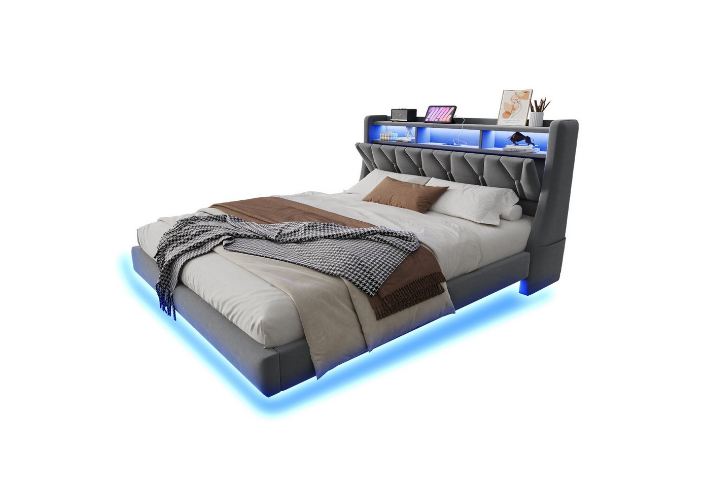 OKWISH Polsterbett Stauraumbett (mit umklappbarem Kopfteil, LED-Beleuchtung, Stauraum und Steckdosen, schwebendes Design aus Samtstoff, 180x200cm), Inklusive Matratze von OKWISH