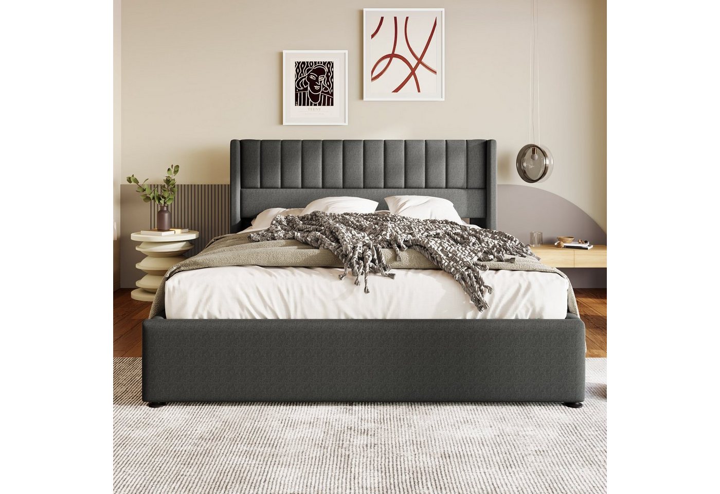 OKWISH Polsterbett Stauraumbett Doppelbett (140x200cm Grau Leinen ohne Matratze), Bett mit Lattenrost aus Metallrahmen, Lattenrost aus Holz von OKWISH