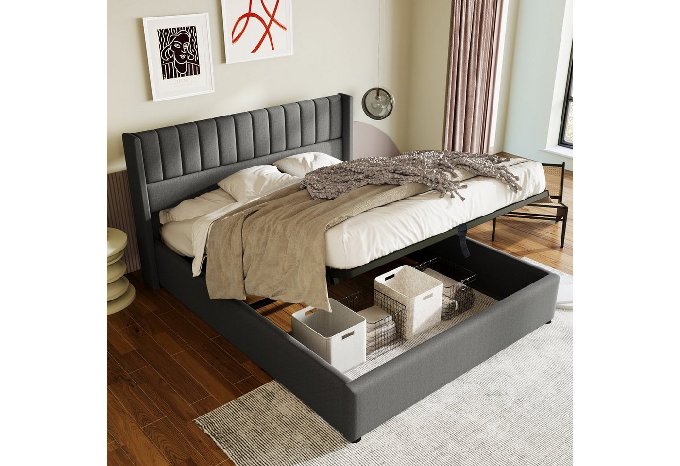 OKWISH Polsterbett Stauraumbett Doppelbett (160x200cm Grau Leinen ohne Matratze), Bett mit Lattenrost aus Metallrahmen, Lattenrost aus Holz von OKWISH