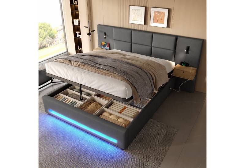 OKWISH Polsterbett Stauraumbett Doppelbett (mit Samtkopfteil, LED-Nachtlicht, USB-C-Ladeanschluss, großen Stauschubladen und hydraulischem Bettkasten, 180x200cm), Inklusive Matratze von OKWISH