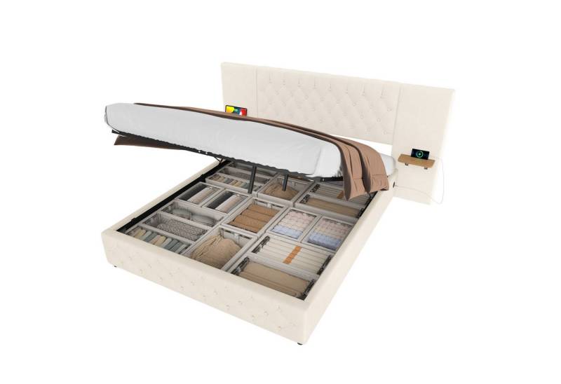 OKWISH Polsterbett Stauraumbett Doppelbett Funktionsbett Gästebett (mit LED-Beleuchtung, USB-Anschluss, hydraulischem Hebesystem und großzügigem Stauraum – Stylisches Design mit breitem Kopfteil, ideal für Schlafzimmer & komfortablen Schlaf 160x200 cm), Ohne Matratze von OKWISH