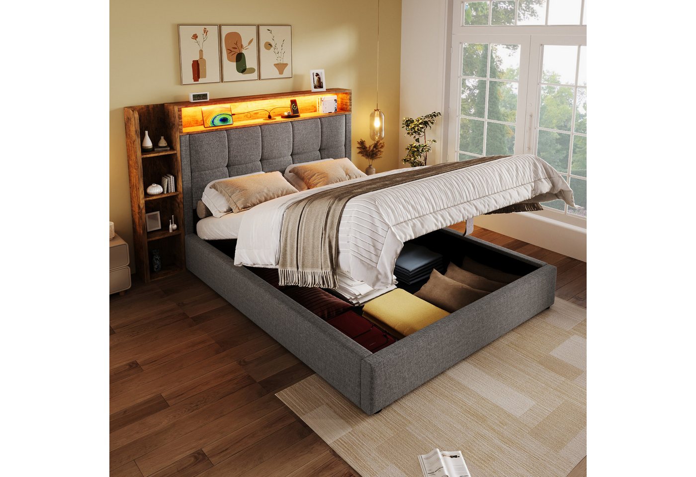 OKWISH Polsterbett Stauraumbett Einzelbett (aus Leinen mit LED-Beleuchtung, USB Typ-C Ladeanschluss, multifunktionalem Stauraum und App-/Taststeuerung, 90x200 cm), Inklusive Matratze von OKWISH