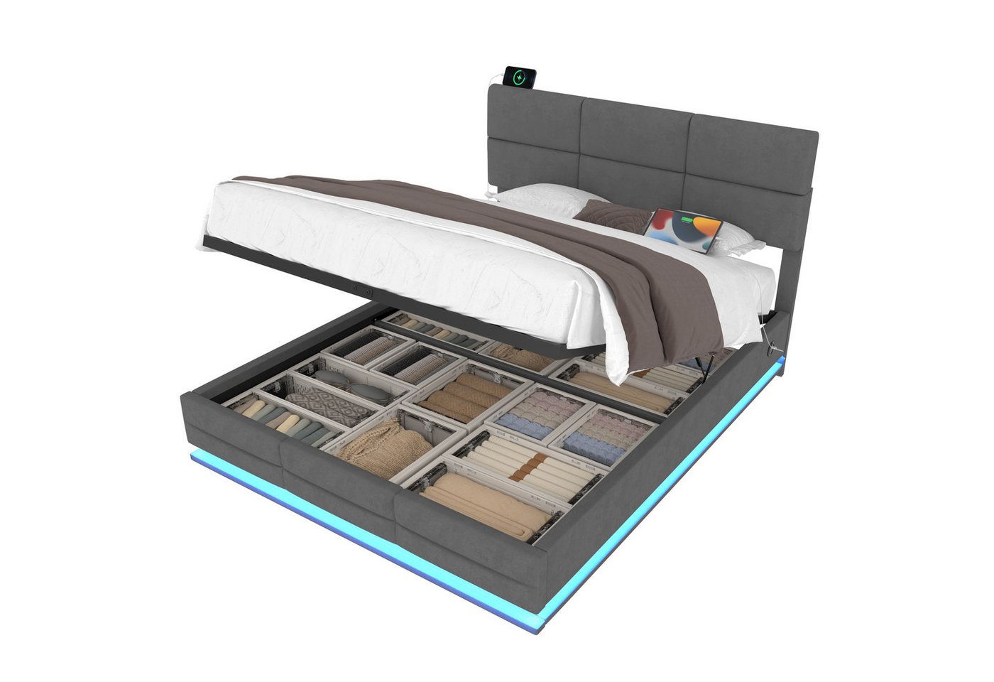 OKWISH Polsterbett Stauraumbett Funktionsbett (mit hydraulischem Stauraum & LED – höhenverstellbares Kopfteil + USB/Type-C, 140x200 cm), ohne Matratze von OKWISH