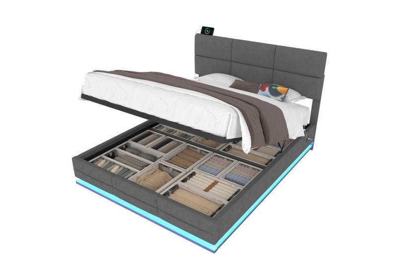 OKWISH Polsterbett Stauraumbett Funktionsbett (mit hydraulischem Stauraum & LED – höhenverstellbares Kopfteil + USB/Type-C, 140x200 cm), ohne Matratze von OKWISH
