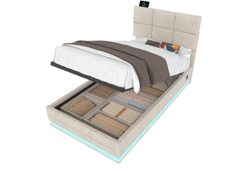 OKWISH Polsterbett Stauraumbett Funktionsbett (mit hydraulischem Stauraum & LED – höhenverstellbares Kopfteil + USB/Type-C, 90x200 cm), mit Matratze von OKWISH