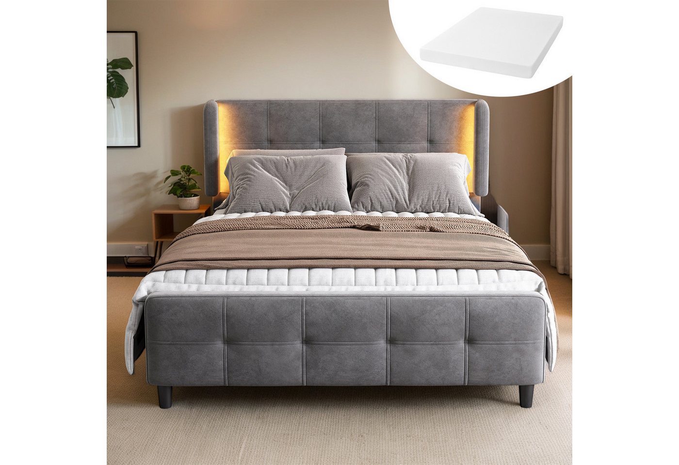 OKWISH Polsterbett Stauraumbett Funktionsbett Doppelbett Gästebett, Schlafzimmer-Set (Stauraum im Wohnzimmer und Schlafzimmer, MDF, Samt), Samt 140x200 cm,Inklusive Matratze von OKWISH