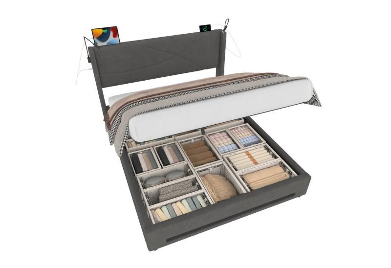 OKWISH Polsterbett Stauraumbett Funktionsbett Doppelbett Kinderbett (mit hydraulischem Stauraum, LED-Beleuchtung und USB-Anschlüssen, Mit 2 verstellbaren Leselichtern und stabiler Lattenrostkonstruktion, Perfekt für Schlaf- und Jugendzimmer 160x200cm), Ohne Matratze von OKWISH