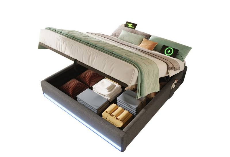 OKWISH Polsterbett Stauraumbett Kinderbett (mit LED-Fernbedienung & USB/Typ-C, Stauraum hydraulisch, 140x200 cm), ohne Matratze von OKWISH