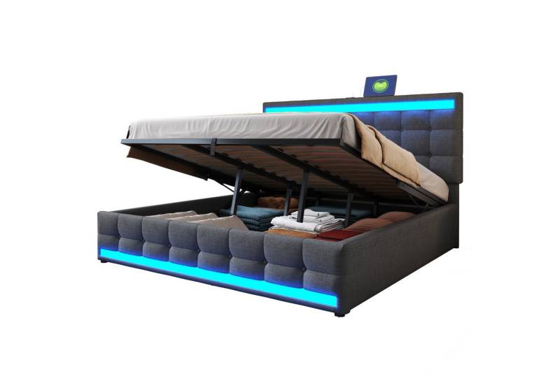 OKWISH Polsterbett Stauraumbett Kinderbett (mit hydraulischem Stauraum, RGB-LED-Licht und USB-Anschlüssen, mit verstellbarem Kopfteil 180x200 cm), Inklusive Matratze von OKWISH