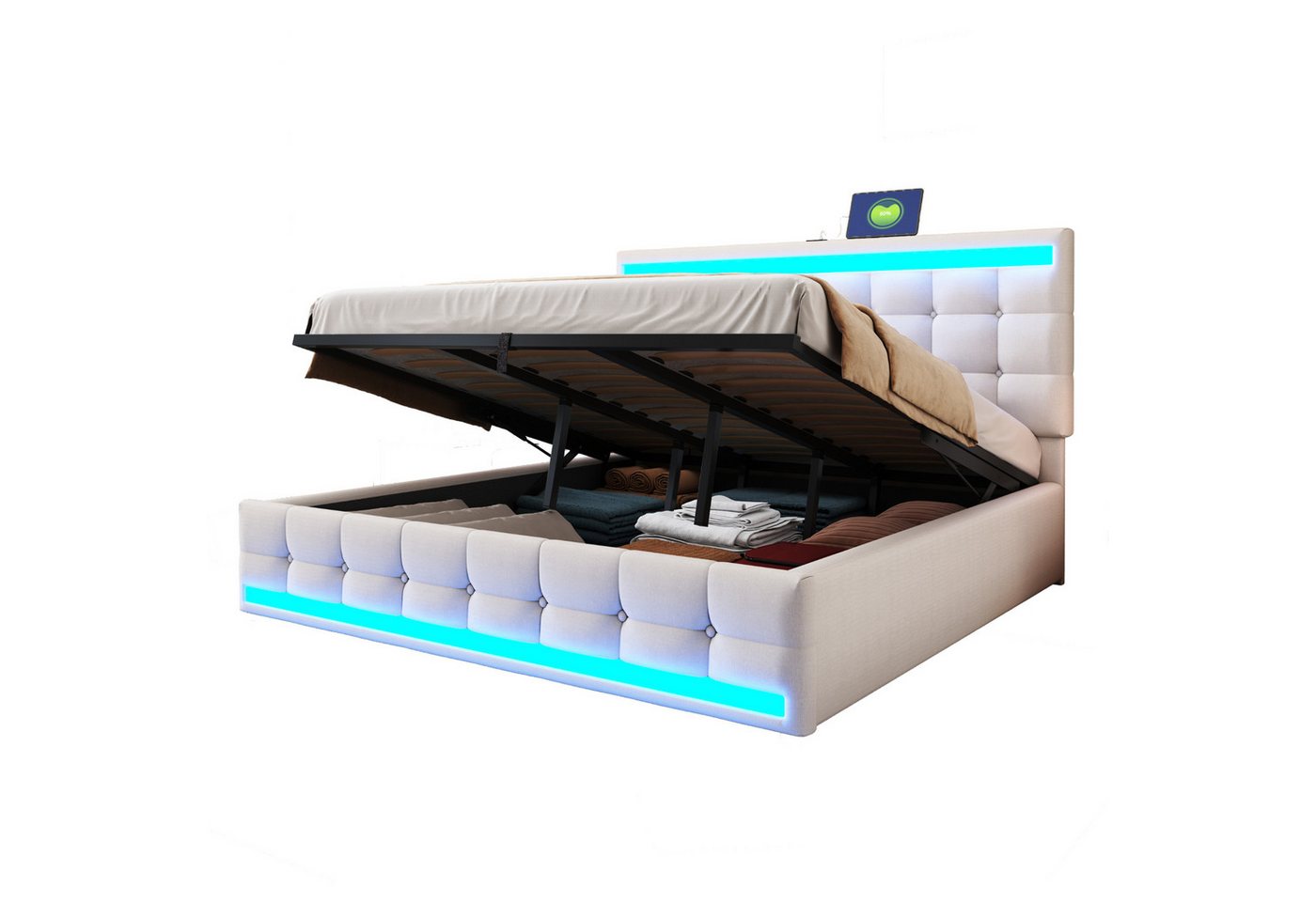 OKWISH Polsterbett Stauraumbett Kinderbett (mit hydraulischem Stauraum, RGB-LED-Licht und USB-Anschlüssen, mit verstellbarem Kopfteil 180x200 cm), Inklusive Matratze von OKWISH