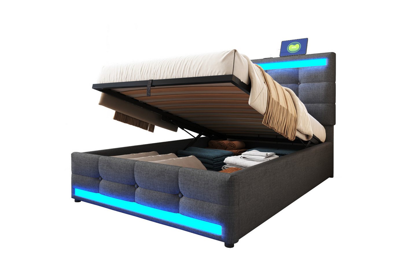 OKWISH Polsterbett Stauraumbett Kinderbett (mit hydraulischem Stauraum, RGB-LED-Licht und USB-Anschlüssen, mit verstellbarem Kopfteil 90x200 cm), Inklusive Montageanleitung von OKWISH