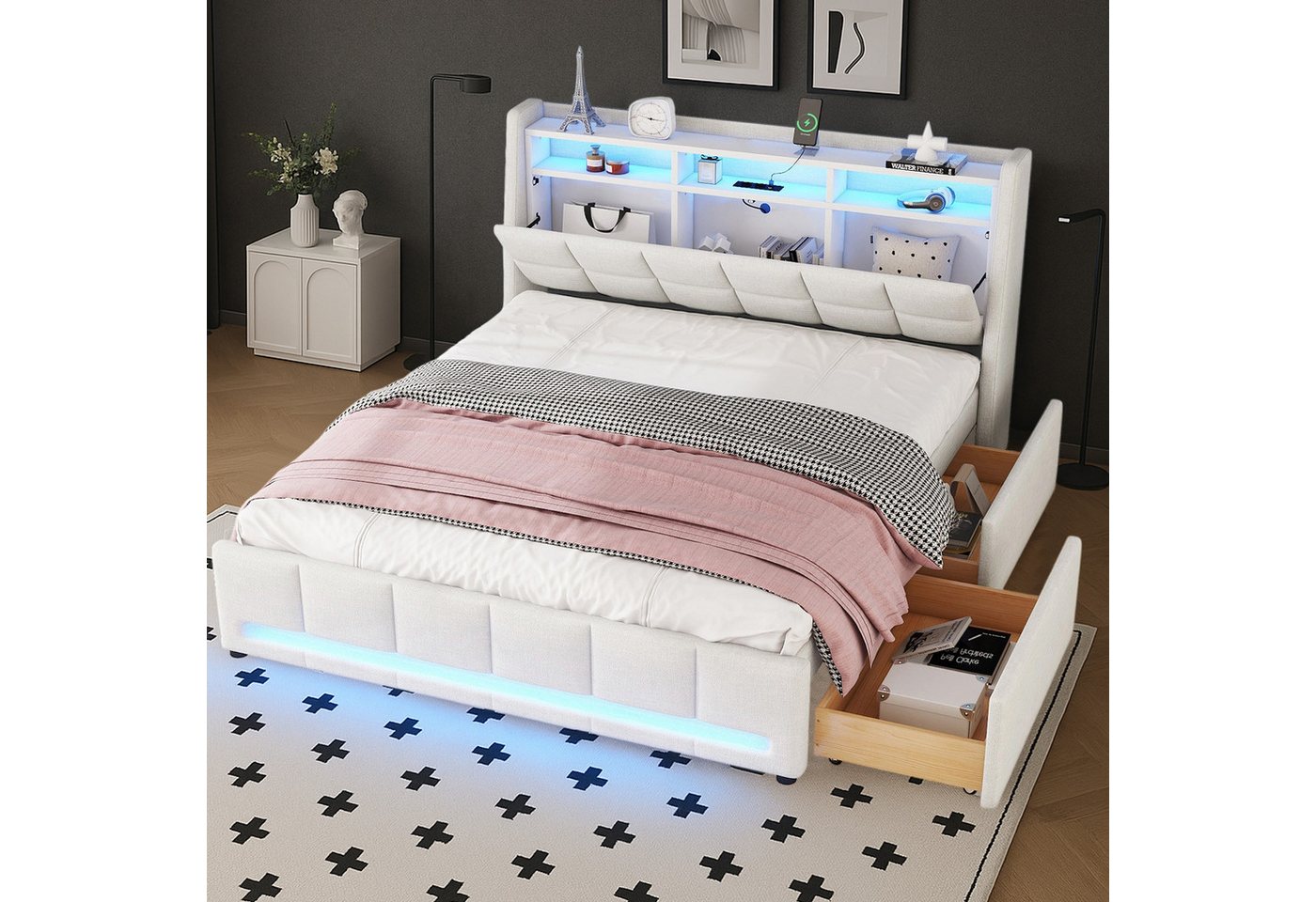OKWISH Polsterbett Stauraumbett Kinderbett Gästebett Funktionsbett Doppelbett Jugendbett (mit USB-Ladeanschluss, LED-Ambientebeleuchtung & Schubladen – Ideal für Schlafzimmer und Jugendzimmer, 160x200 cm), Ohne Matratze OKWISH Polsterbett Stauraumbett Kinderbett Gästebett Funktionsbett Doppelbett Jugendbett (mit USB-Ladeanschluss, LED-Ambientebeleuchtung & Schubladen – Ideal für Schlafzimmer und Jugendzimmer, 160x200 cm), Ohne Matratze von OKWISH