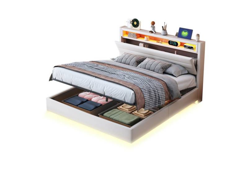 OKWISH Polsterbett Stauraumbett mit USB-Steckdose und LED-Licht, wendbares Kopfteil (Multifunktionales Polsterbett,mit USB-Steckdose & LED-Beleuchtung, Hydraulischer Stauraum., 140x200 cm), Ohne Matratze von OKWISH
