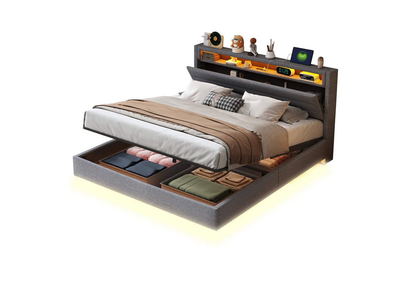 OKWISH Polsterbett Stauraumbett mit USB-Steckdose und LED-Licht, wendbares Kopfteil (Multifunktionales Polsterbett,mit USB-Steckdose & LED-Beleuchtung, Hydraulischer Stauraum., 160x200 cm), Ohne Matratze von OKWISH