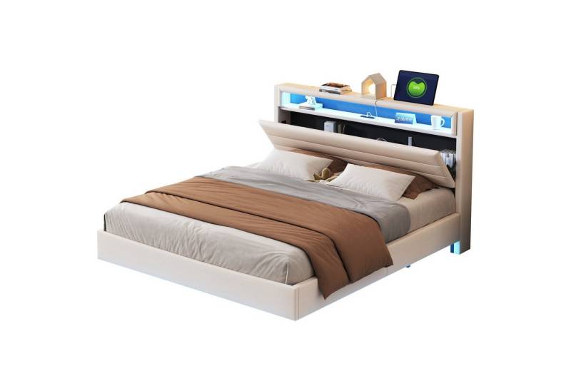 OKWISH Polsterbett Stauraumbett mit USB-Steckdose und LED-Licht, wendbares Kopfteil (verdecktes Fußteil), Inklusive Matratze von OKWISH