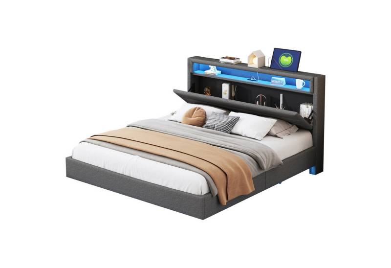 OKWISH Polsterbett Stauraumbett mit USB-Steckdose und LED-Licht, wendbares Kopfteil (verdecktes Fußteil, 160x200 cm), 160x200 cm von OKWISH