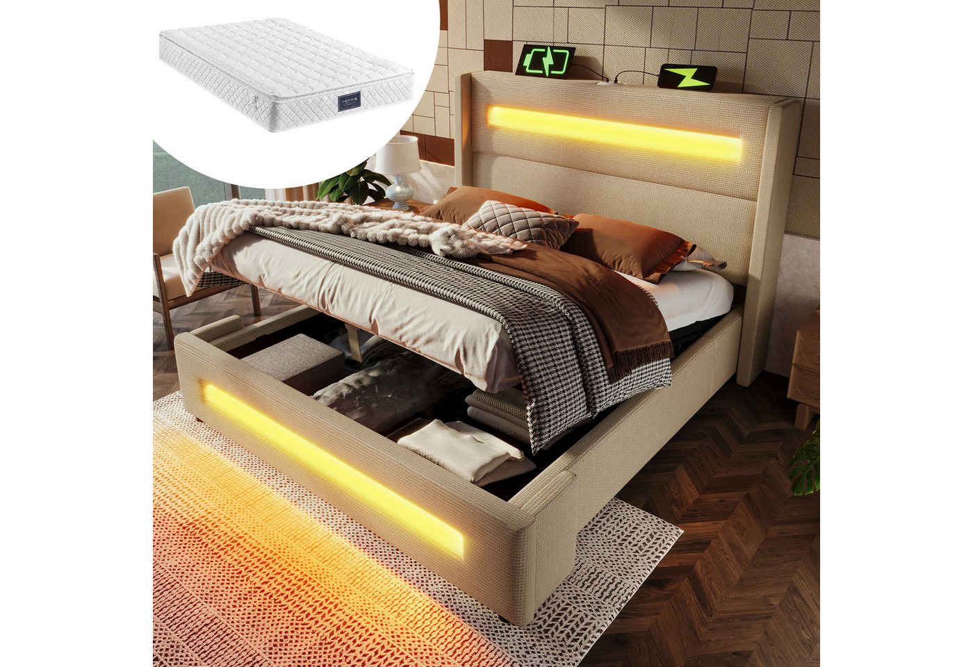 OKWISH Polsterbett Stauraumbett mit hydraulischem Stauraum (Jugendbett, Struraumbett, Funktionsbett, 160x200 cm, mit Matratze (H25cm), Beige), mit LED und USB Type-C Aufladen von OKWISH