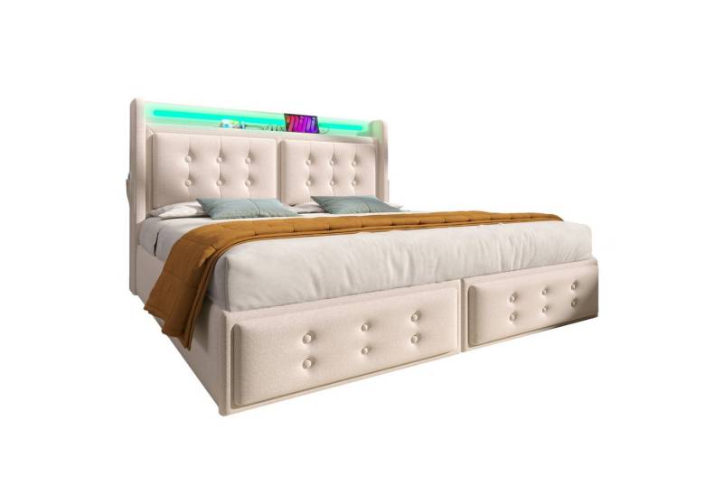 OKWISH Polsterbett aus Holz und Metallrahmen (Hydraulisches Bett mit Lattenrost, 2-tlg., 160x200cm, mit Matratze, Beige), mit Led-Kopfteil und USB C Ladefunktion von OKWISH