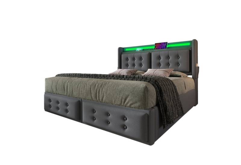 OKWISH Polsterbett aus Holz und Metallrahmen (Hydraulisches Bett mit Lattenrost, 2-tlg., 160x200cm, mit Matratze, Grau), mit Led-Kopfteil und USB C Ladefunktion von OKWISH