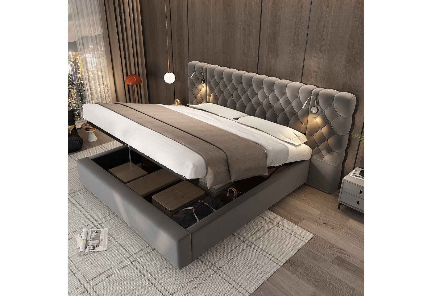 OKWISH Polsterbett hydraulisches Breitohrbett (Struraumbett, Doppelbett, Funktionsbett, 1-tlg., 160 x 200cm, ohne Matratze), mit Lampemit Beleuchtung, großes Kopfteil-Design von OKWISH