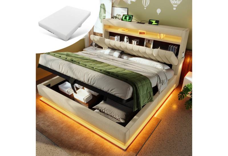 OKWISH Polsterbett mit Hydraulischem Stauraum, Stauraum-Kopfteil (Struraumbett, Funktionsbett, 160x200 cm, mit Matratze (H20cm), Beige), mit USB- und Typ-C-Anschlüssen, LED-Beleuchtung von OKWISH