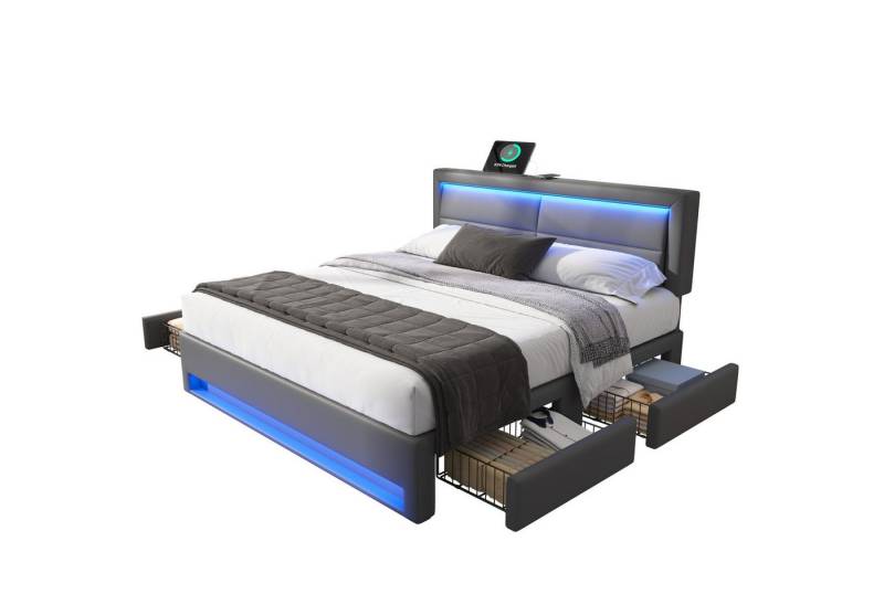 OKWISH Polsterbett mit LED-Beleuchtung und Stauraum (ohne Matratze), mit USB-Anschluss (kabelloses/kabelgebundenes), Verstellbares Kopfteil von OKWISH