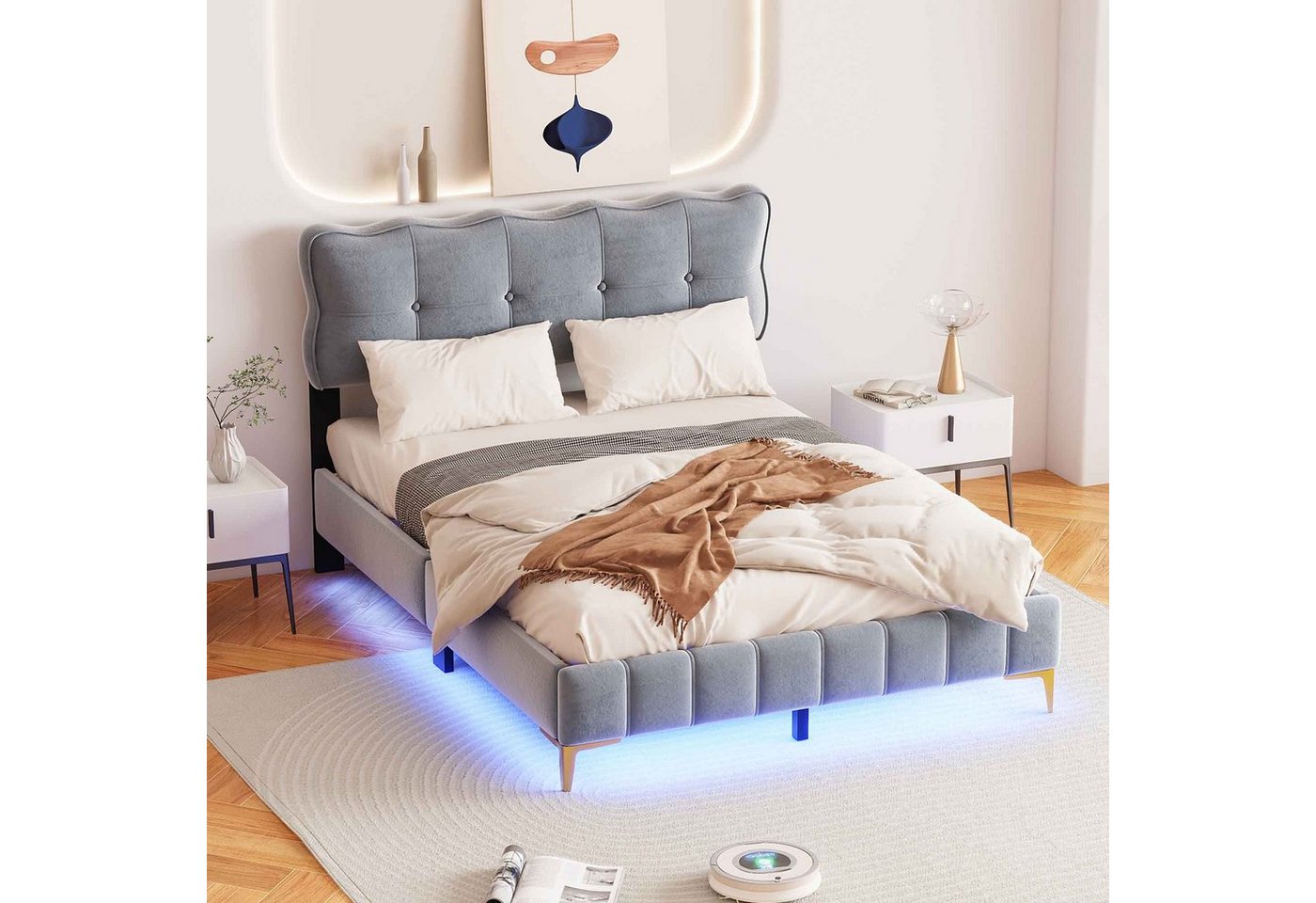OKWISH Polsterbett mit LED-Leuchten mit Rückenlehne mit Lattenrost Samtstoff (140 x 200 cm, Doppelbett, hohe Metallfüße), ohne Matratze von OKWISH