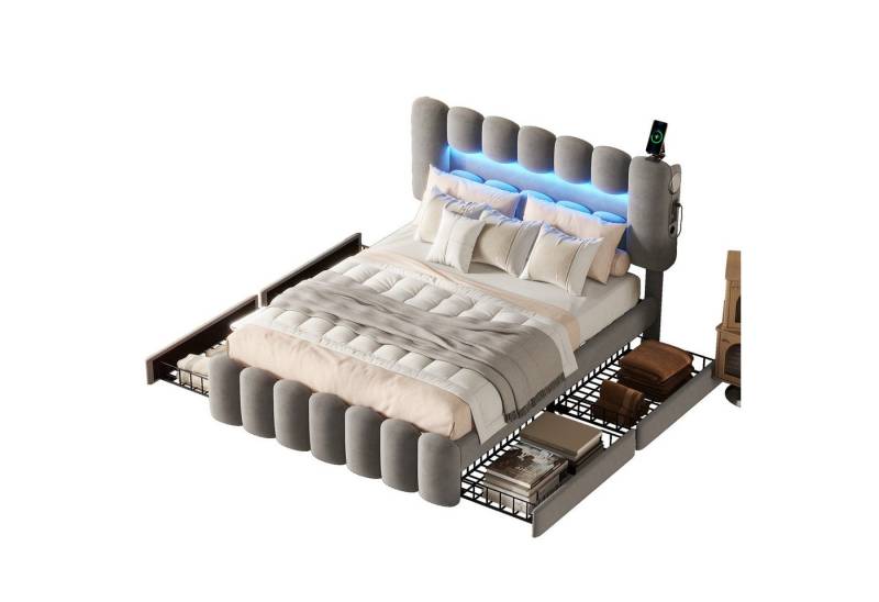 OKWISH Polsterbett mit LED-Lichtleiste mit USB und Stereoanlage, Kinderbett Stauraumbett (mit 4 Schubladen, Funktionsbett Doppelbett Bett, 160 x 200 cm), mit Matratze von OKWISH