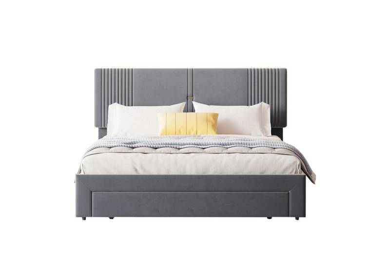 OKWISH Polsterbett mit Lichtleiste und USB-Buchse, Rückenlehne und großer Schublade (geeignet für Erwachsene und Jugendliche 160 x 200 cm, Doppelbett, hautfreundliches Doppelbett in Samtstoff), ohne Matratze von OKWISH