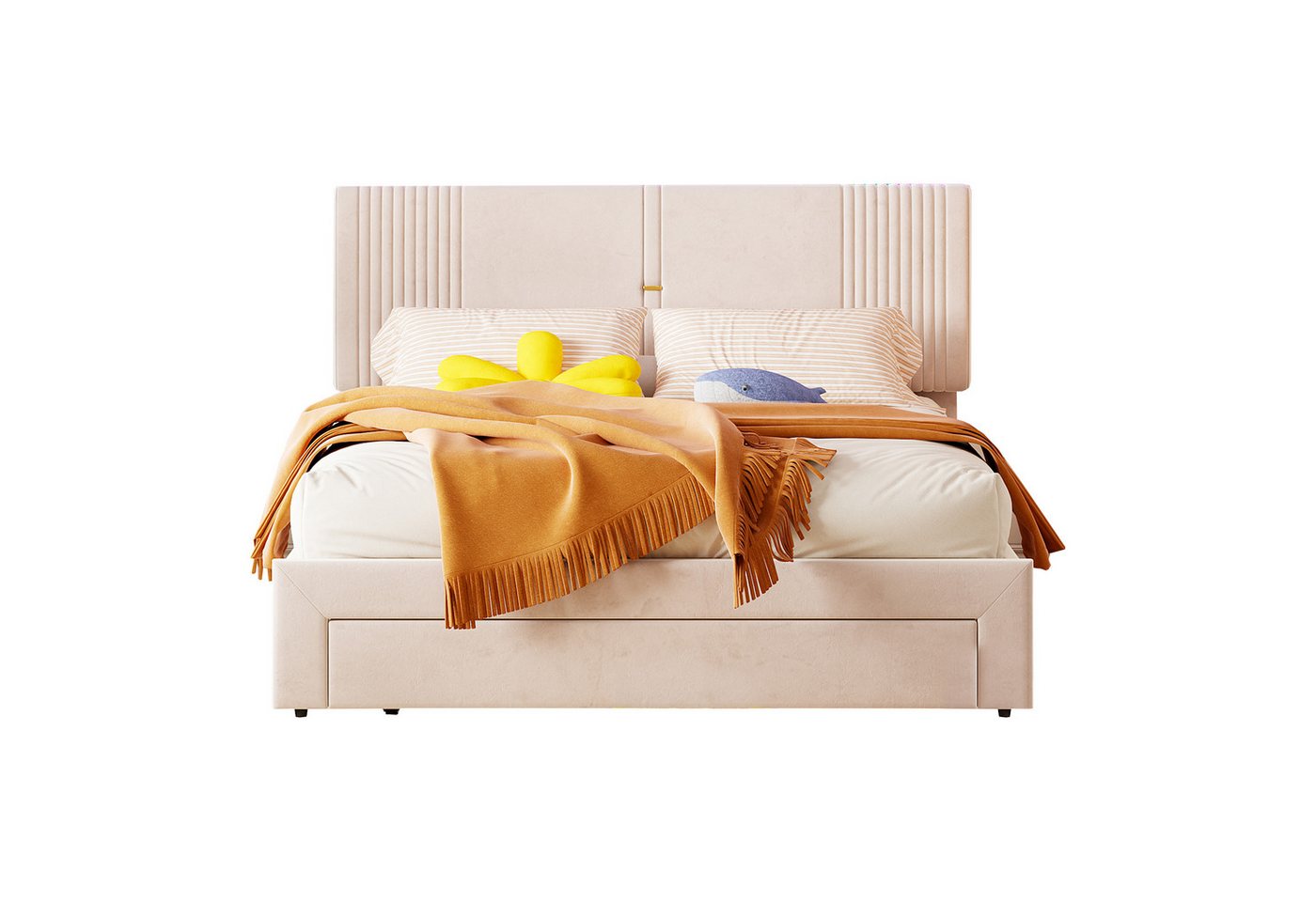 OKWISH Polsterbett mit Lichtleiste und USB-Buchse, Rückenlehne und großer Schublade (geeignet für Erwachsene und Jugendliche 160 x 200 cm, Doppelbett, hautfreundliches Doppelbett in Samtstoff), ohne Matratze von OKWISH