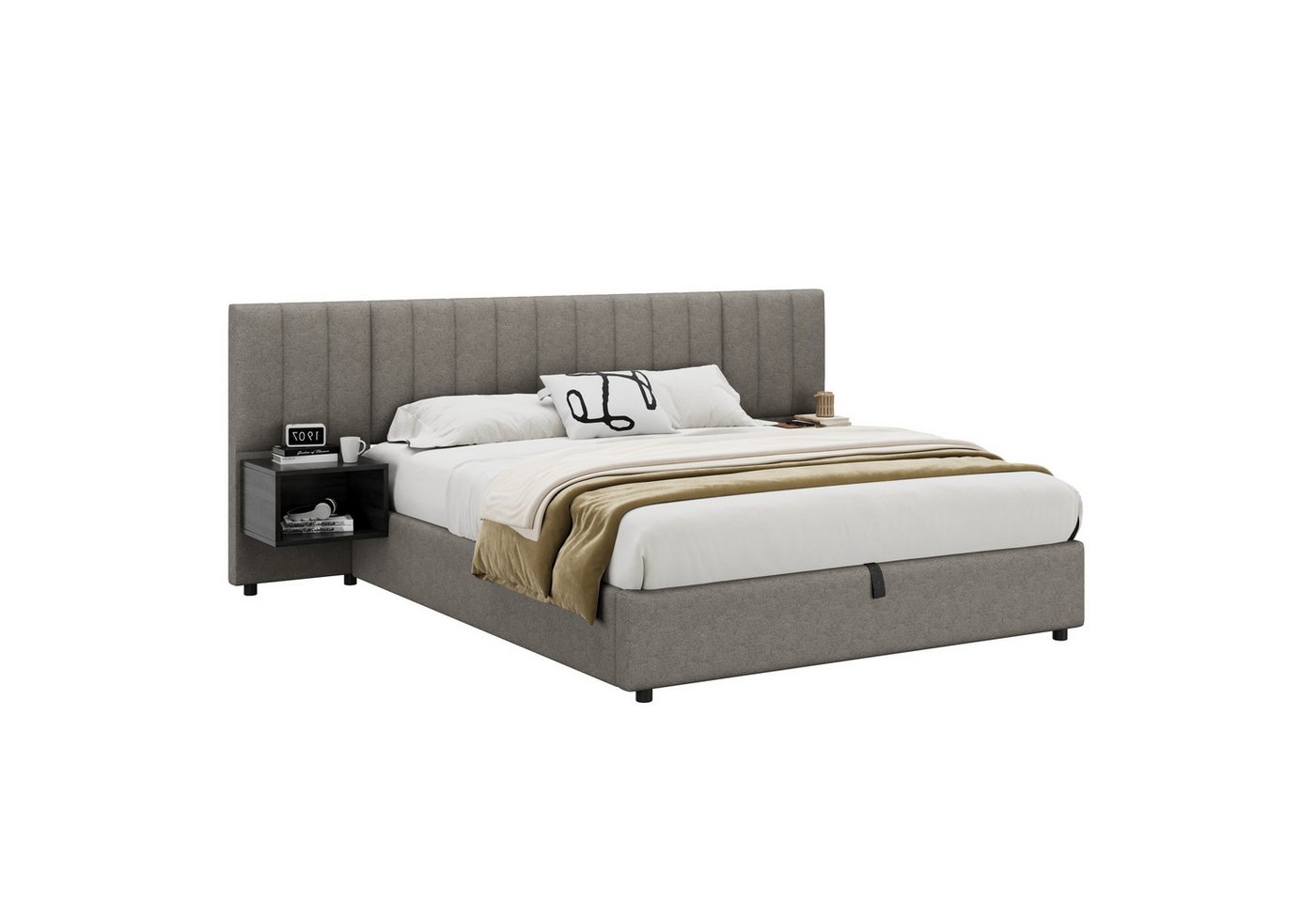 OKWISH Polsterbett mit Nachttisch (hydraulisches Breitohrbett, 1-tlg., 160x200 cm, ohne Matratze), mit zwei Nachttischen mit Stauraum, Lattenrost aus Holz von OKWISH