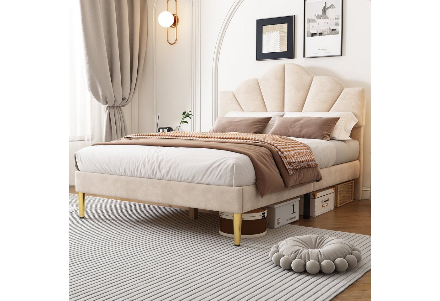 OKWISH Polsterbett muschelartiges Bett (140 X 200 CM Ohne Matratze), Höhenverstellbares Kopfteil,Bett mit goldenen Eisenbeinen von OKWISH