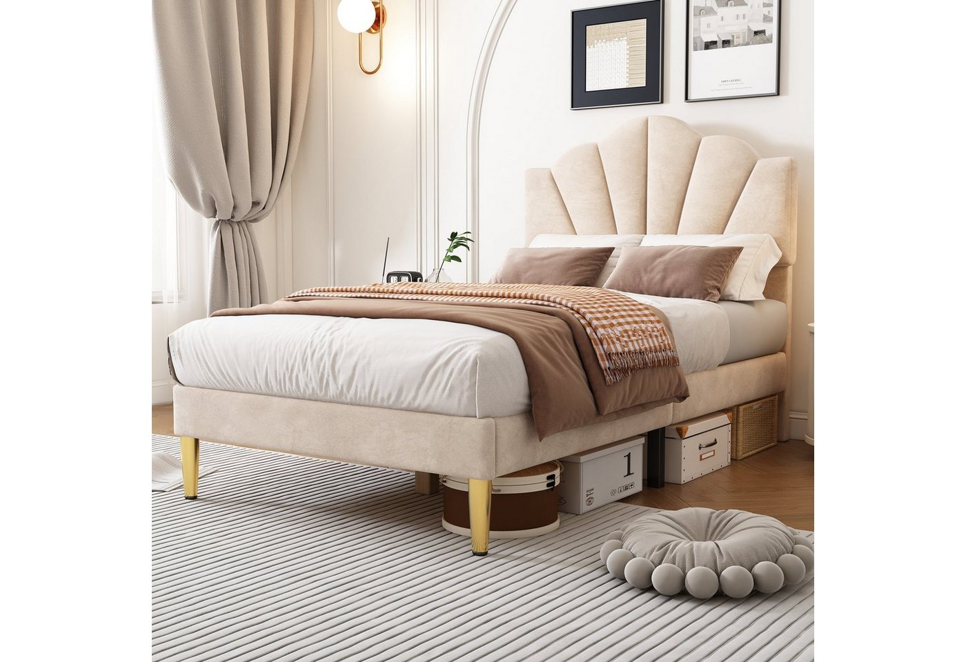 OKWISH Polsterbett muschelartiges Bett (90 X 200 CM Ohne Matratze), Höhenverstellbares Kopfteil,Bett mit goldenen Eisenbeinen von OKWISH