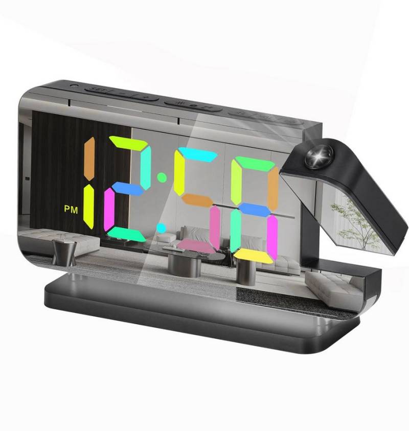 OKWISH Projektionswecker Digital Wecker Digitalwecker 11 RGB Projektion LED Alarm Spiegeluhr 7,4” Digitaluhr bunt Dimmbar 180 ° 12/24H 2 USB-Anschluss ohne Akku von OKWISH