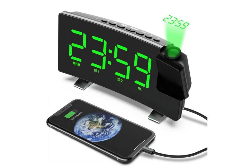 OKWISH Projektionswecker Digital Wecker Radiowecker Projektion LED Alarm Radio mit Akku 180 ° drehbar USB Anschluss 3 Helligkeitsstufen von OKWISH